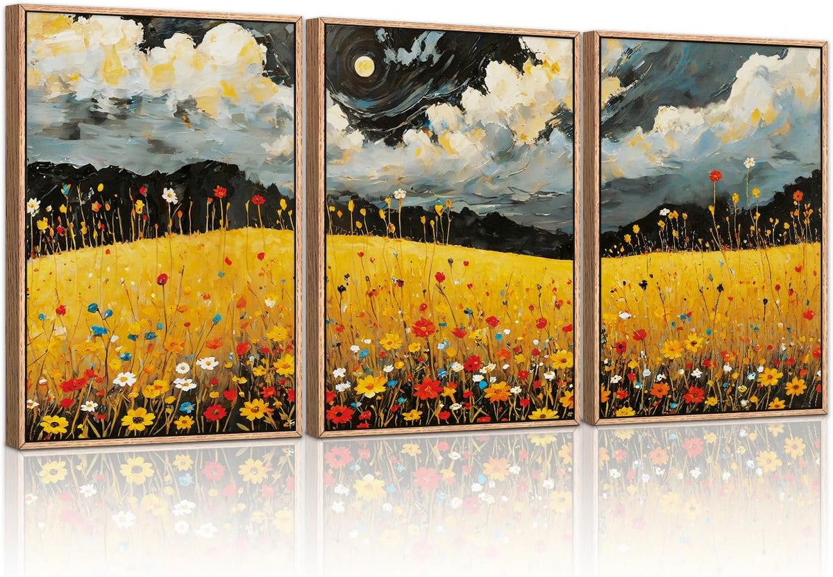 HLNIUC Mystical Moonlight Framed Wall Art Set,Night Moon Wildflower Canvas Wall Decor,Full Moon