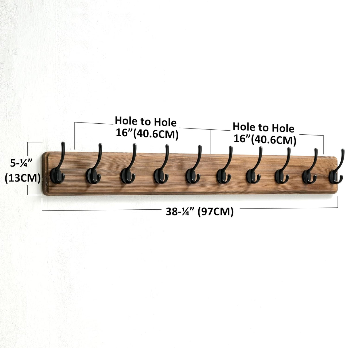 Dseap Wall Mounted Coat Rack: 38-1/4" Long, Patented, Heavy-Duty, 10-Double-Hooks Wooden Hanger