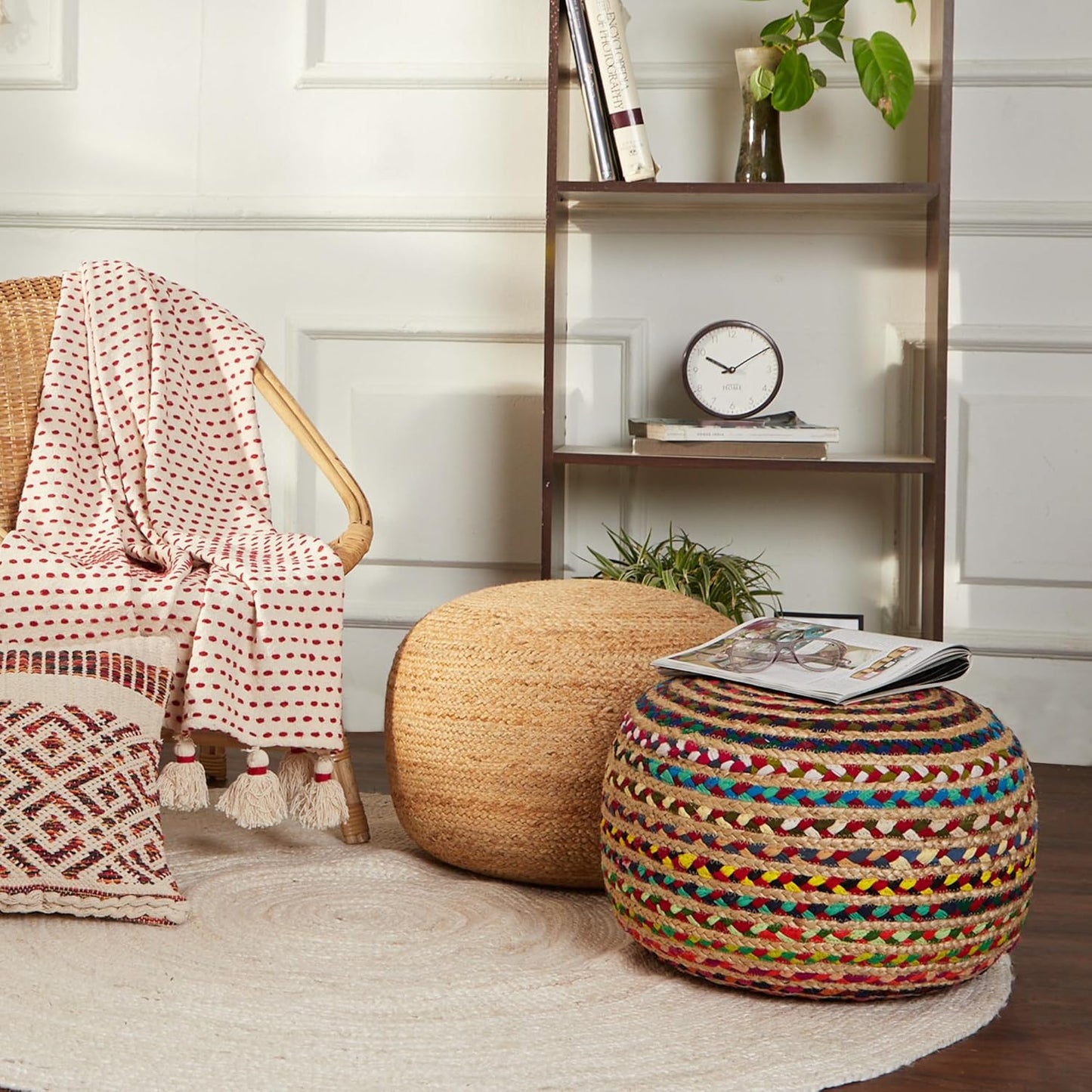 REDEARTH · Round Pouf Ottoman - Braided Boho Poof Home Décor Pouffe Accent Sitting Circular Foot
