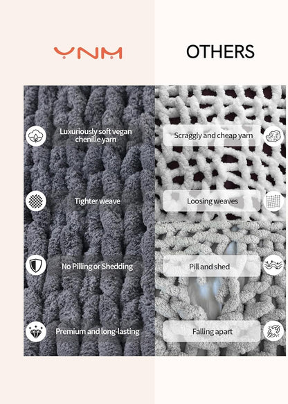 YnM Chunky Throw Blanket, Medium-Weight, Hand Knitted with Chenille Yarn, Skin Friendly, Ventilated