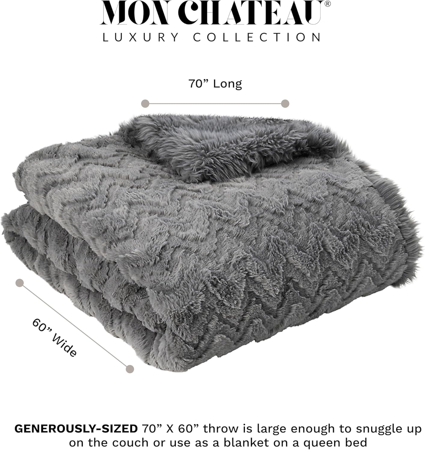 Mon Chateau Grey 3D Jacquard Faux Fur Throw, Plush Luxury Blanket for Couch, Sofa, or Bed, Soft