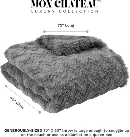 Mon Chateau Grey 3D Jacquard Faux Fur Throw, Plush Luxury Blanket for Couch, Sofa, or Bed, Soft