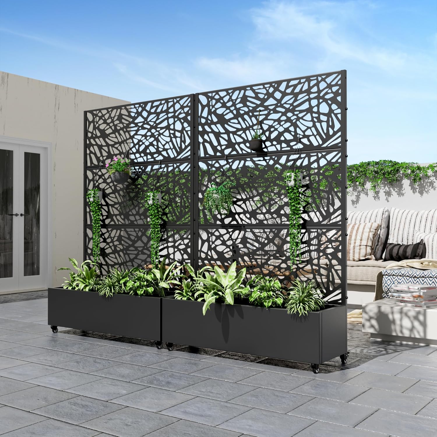 Casaphoria Metal Raised Garden Bed with Trellis and Wheels, 72"x47"x16" Planter Box for Climbing