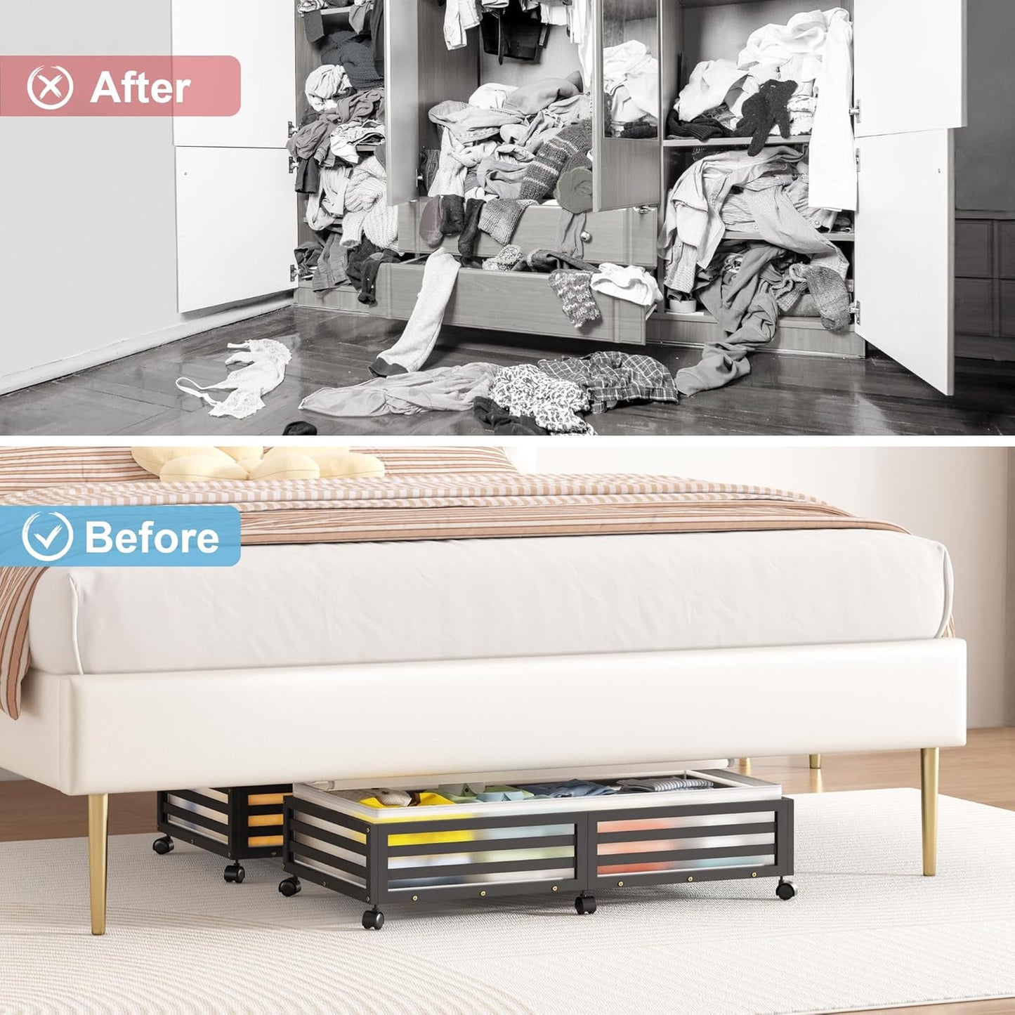 Under Bed Storage Containers With Wheels - 2 Pcs Large Bamboo Wood Rolling Underbed Shoe Storage