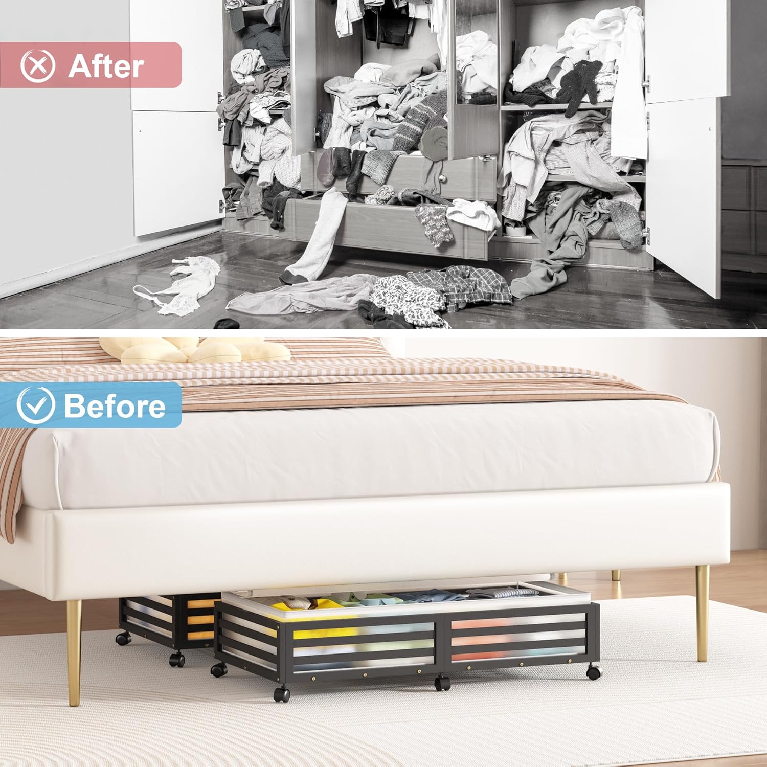 Under Bed Storage Containers With Wheels - 2 Pcs Large Bamboo Wood Rolling Underbed Shoe Storage
