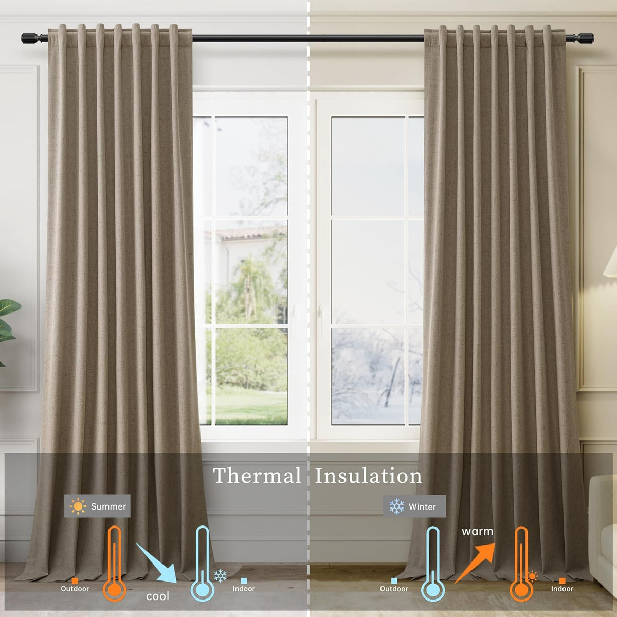 BOODII Matcha Brown Linen Blackout Curtains for Bedroom 84 Inch Length 2 Panels Set Room Darkening
