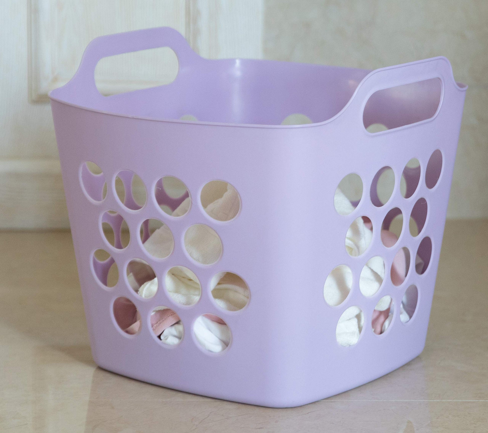 Flexible Plastic Carry Laundry Basket Holder Square Storage Hamper with Side Handles, Purple Set of
