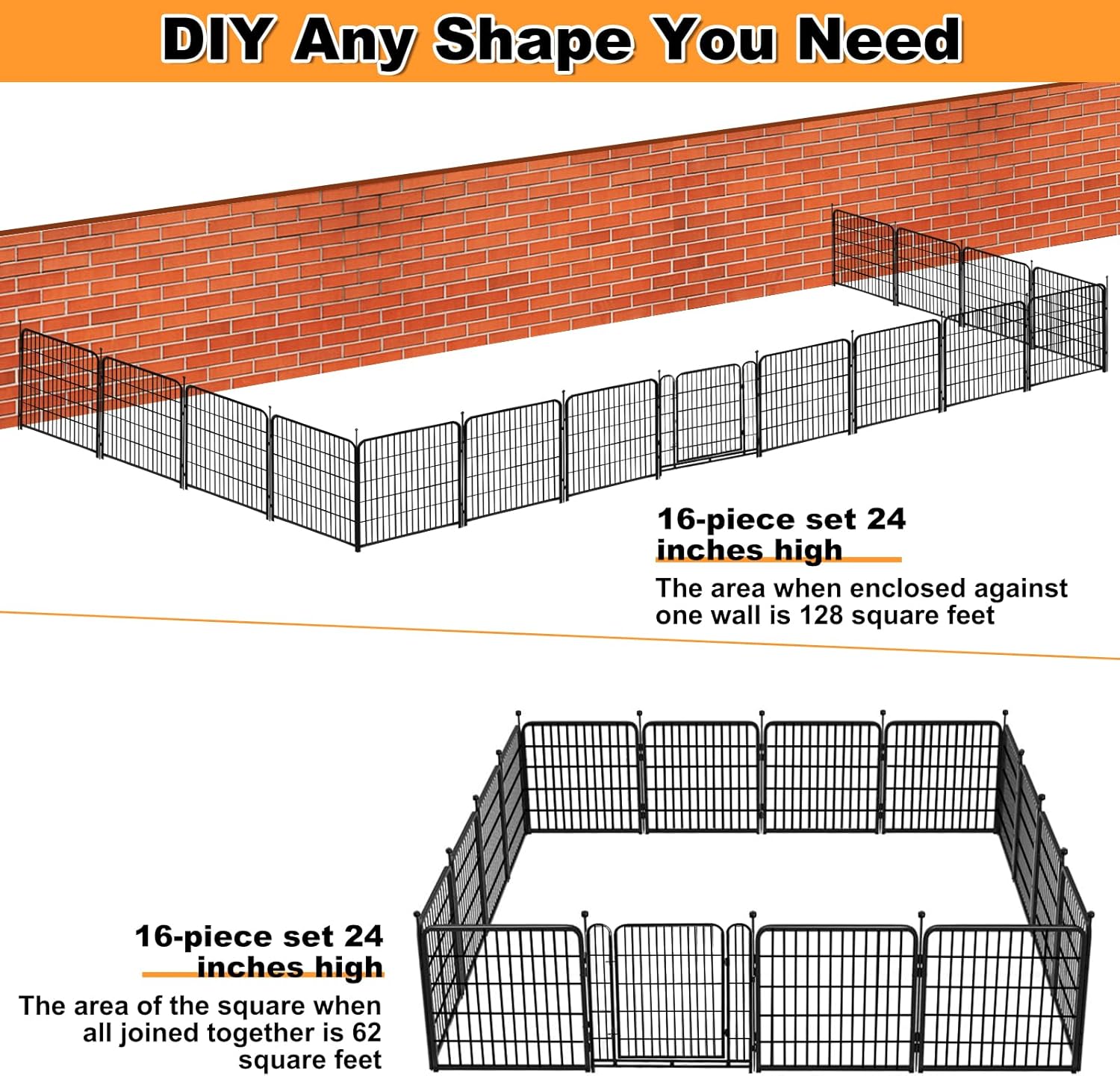24 in(H) Decorative Garden Fence with Gate,16 Panels Total 31.4 Ft(L) Heavy Duty Iron Animal