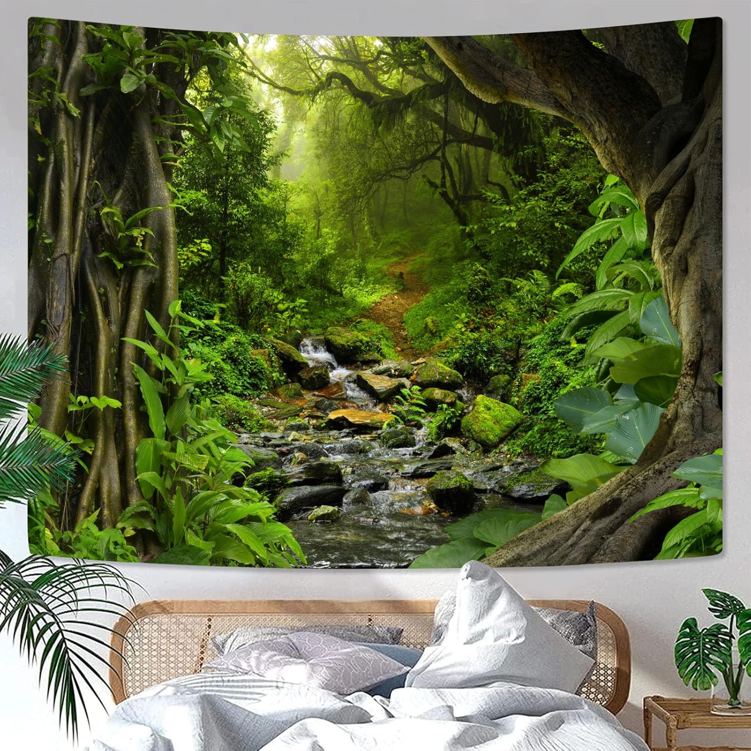 AMM Green Rainforest Tapestry Nature Forest Tapestry for Bedroom Aesthetic Misty Tropical Jungle