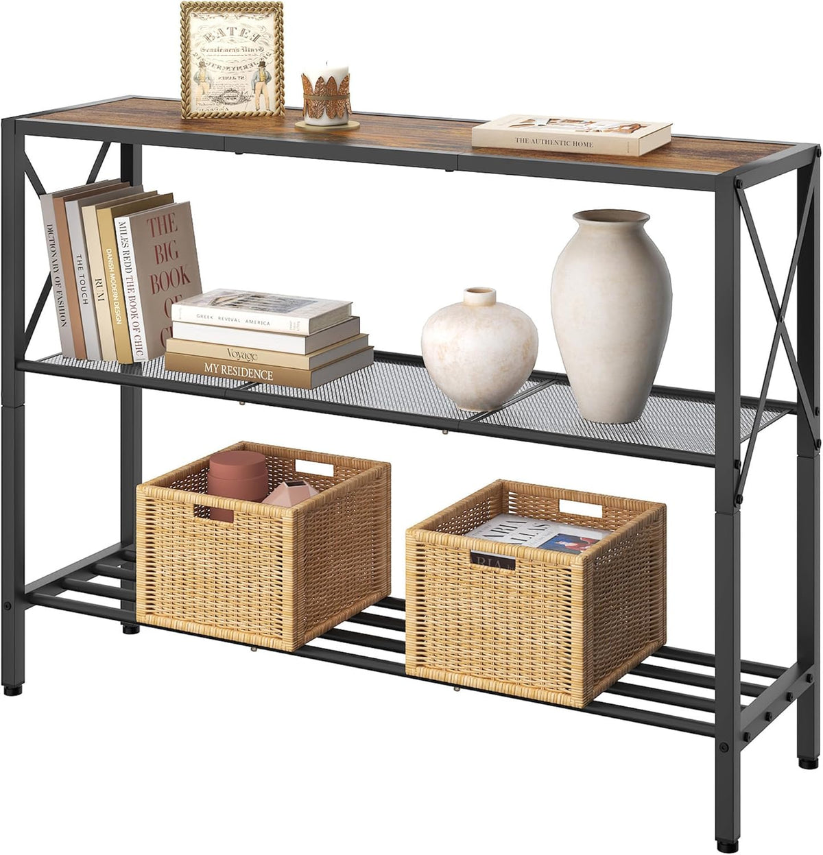 Hoctieon Industrial Console Table, 3 Tier Entryway Table, Hallway Table, Narrow Sofa Table with