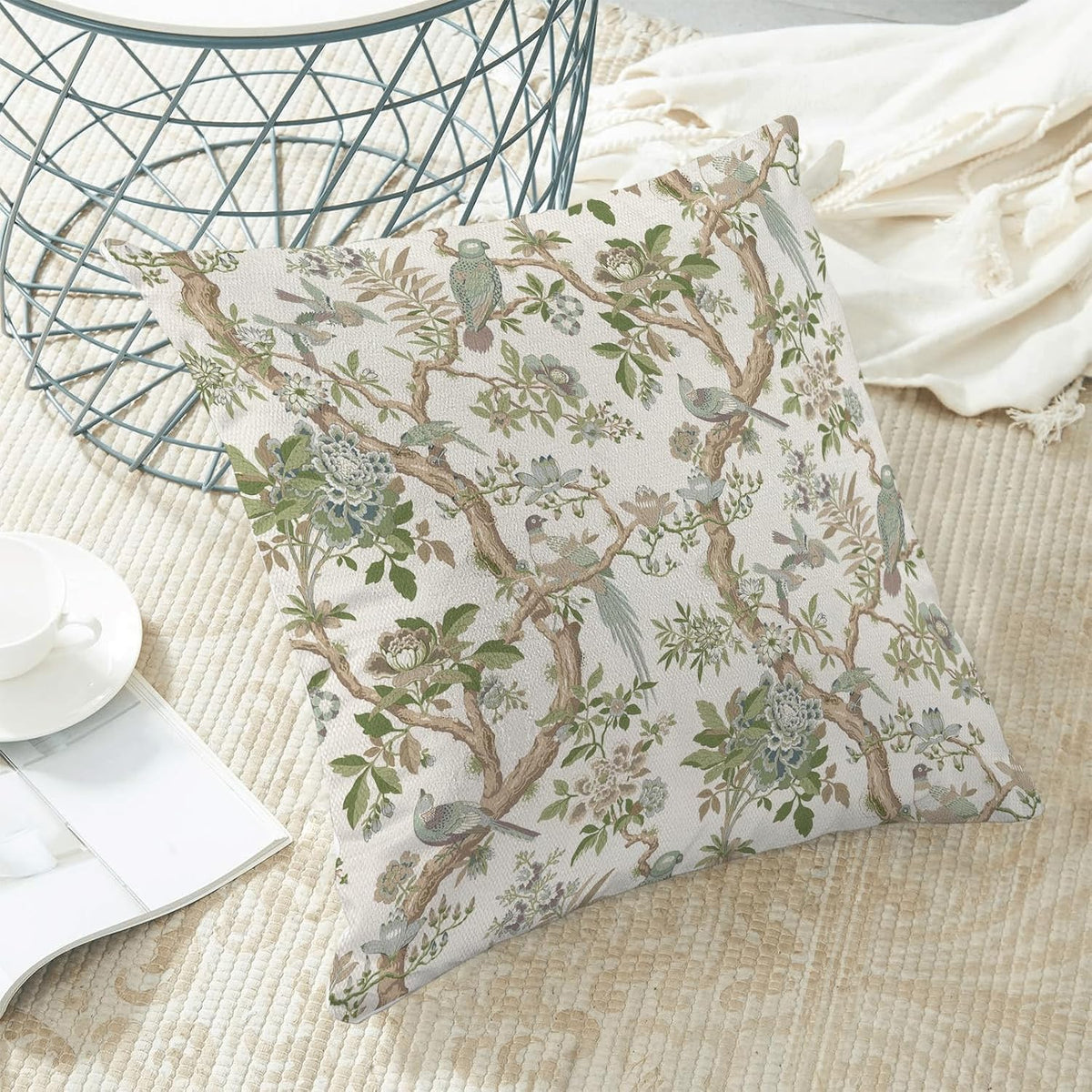 CXMEIFLY Chinoiserie Spring Pillow Covers 16 x 16 Inch Set of 2 for Sage Green Blue Vintage Flowers