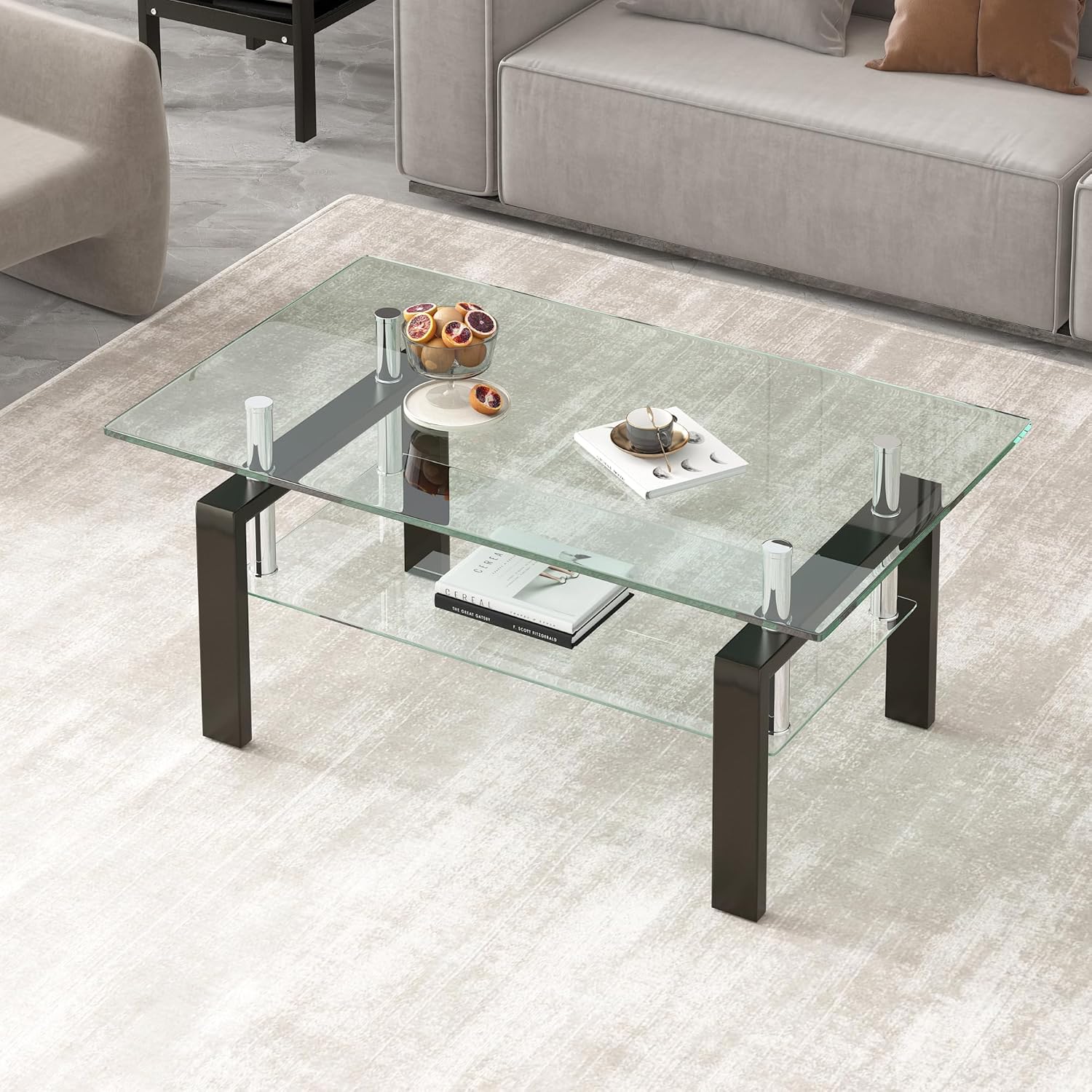 Glass Coffee Table Rectangle Living Room Center Table, with Tempered Glass Tabletop Black Metal