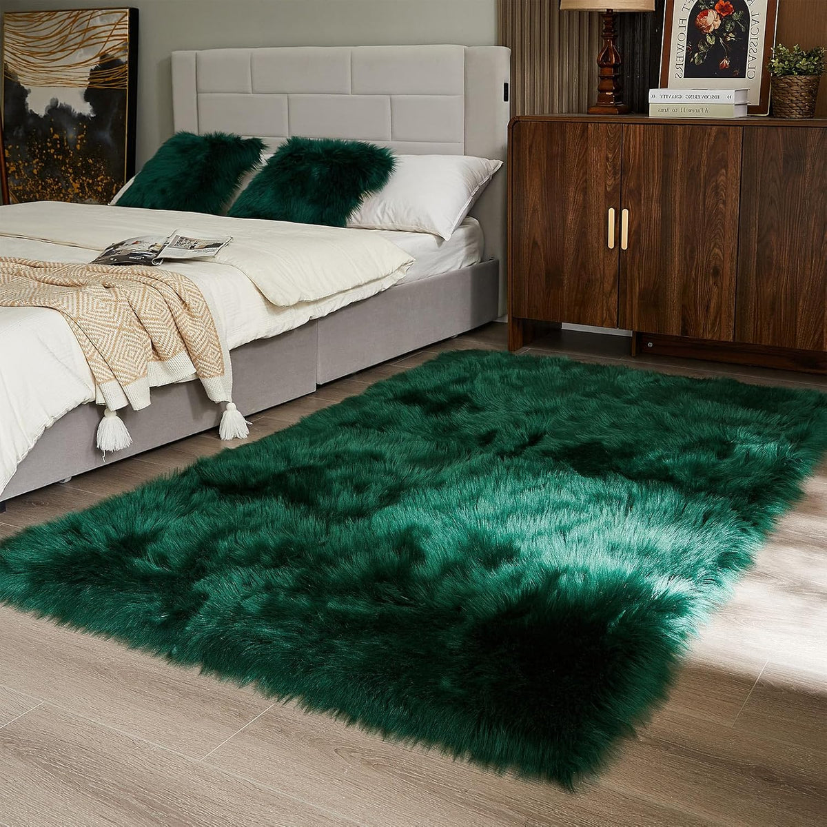AMTOVO Faux Fur Sheepskin Rug for Living Room, 4 x 6 ft Dark Green Fluffy Area Rug for Bedroom