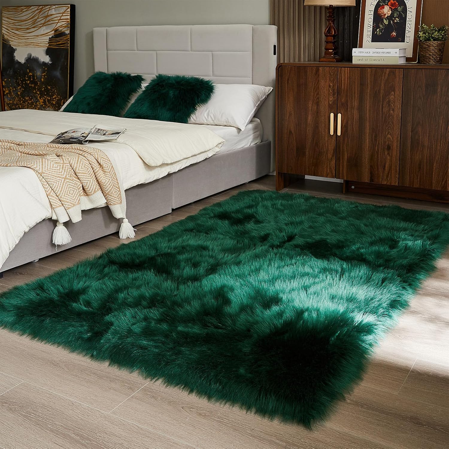 AMTOVO Faux Fur Sheepskin Rug for Living Room, 4 x 6 ft Dark Green Fluffy Area Rug for Bedroom