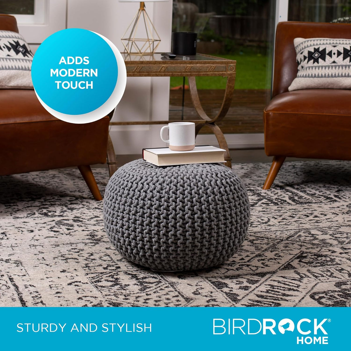 BIRDROCK HOME Round Pouf Ottoman | Cotton Braided Foot Stool with Bean Bag Filling | Boho Foot Rest