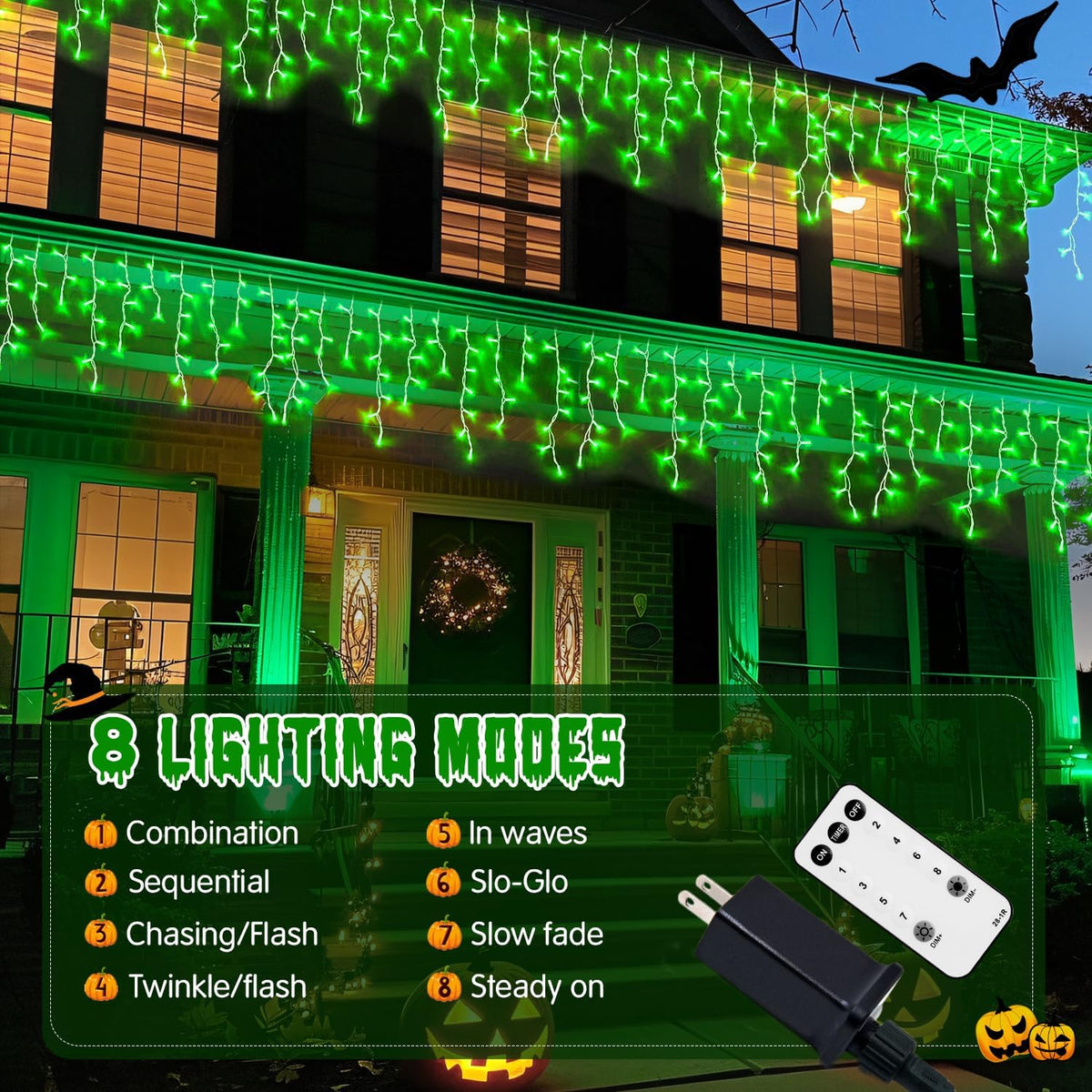JMEXSUSS 400 LED 38.8F Green Icicle Lights for Halloween Decorations, Green Halloween Lights Indoor
