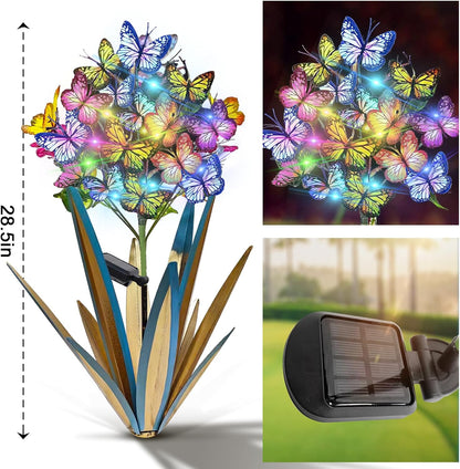 Homight Solar Metal Agave Butterfly Flower Stick Garden Sculpture - Outdoor Christmas Lights With