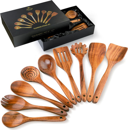 Zulay Kitchen 9-Piece Teak Wooden Utensils for Cooking - Natural Teak Utensil Set with Premium Gift