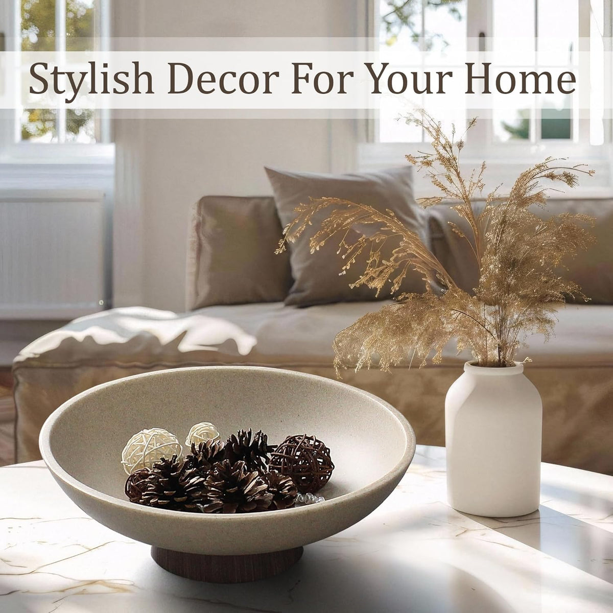 Modern Resin Pedestal Bowl – Large Fruit Bowl for Kitchen Counter, Catch All Tray for Entryway