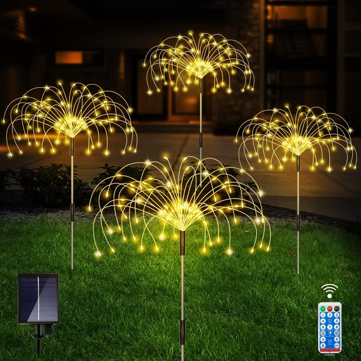 Solar Outdoor Warm White Garden Lights, 4 Pack Firework With 120 LED Starburst String 8 Modes Fairy