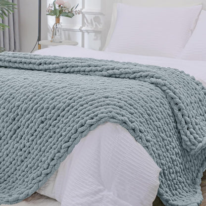 Bigacogo Chunky Knit Throw Blanket for Couch, 40x80 inches, 100% Hand Knitted with Thick Jumbo