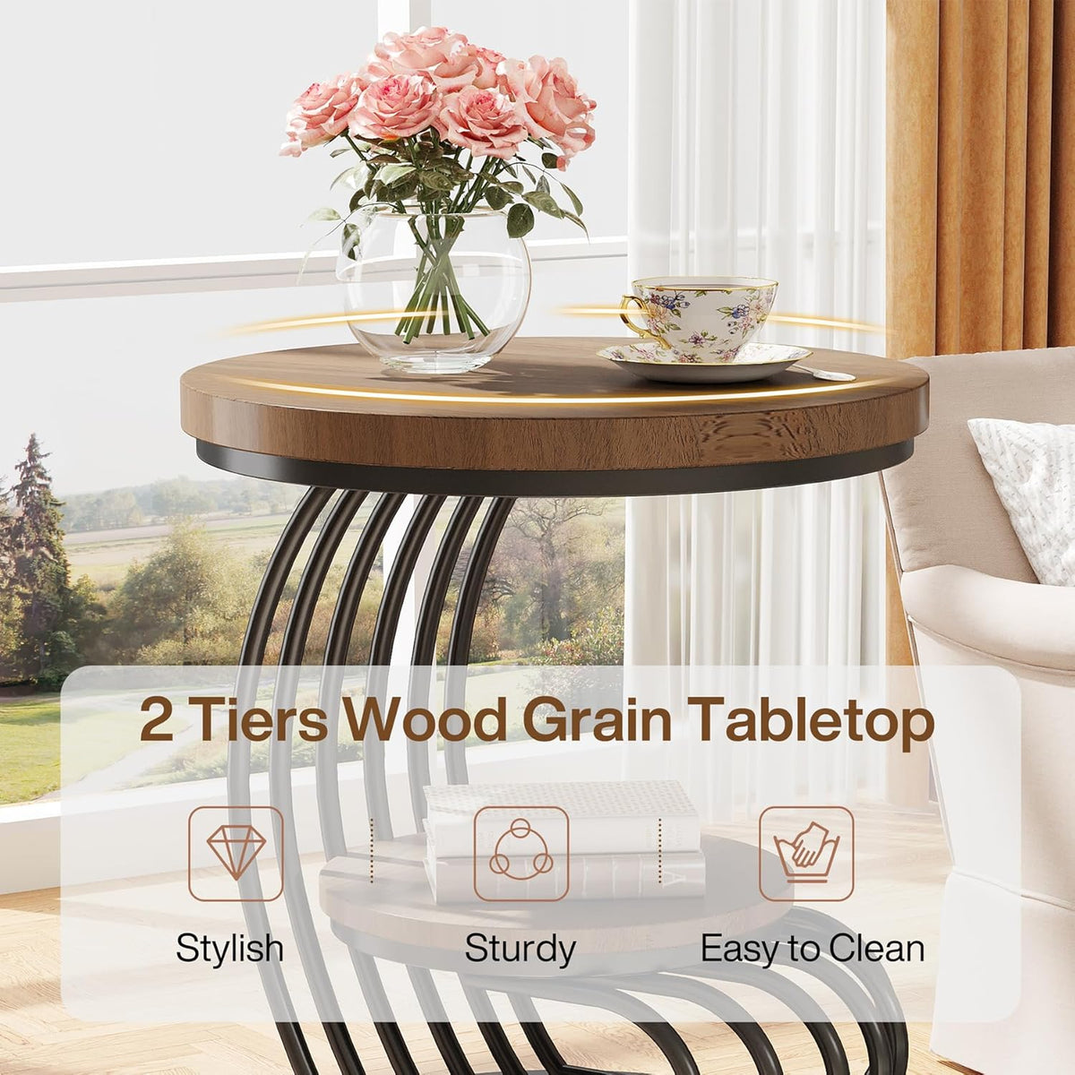 Tribesigns Round End Side Table: Side Table with 2 Tiers Storage Shelves, Vintage End Table for