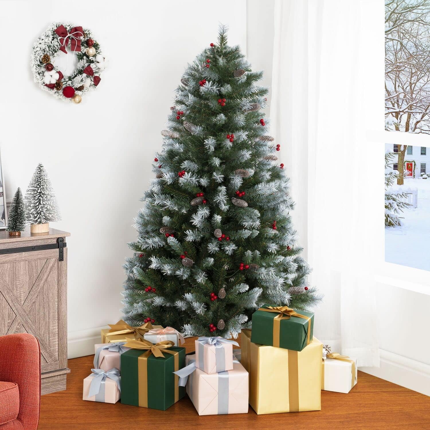 Naomi Home 4.5ft Snow Flocked Spruce Christmas Tree with 200 Warm Lights and Metal Stand