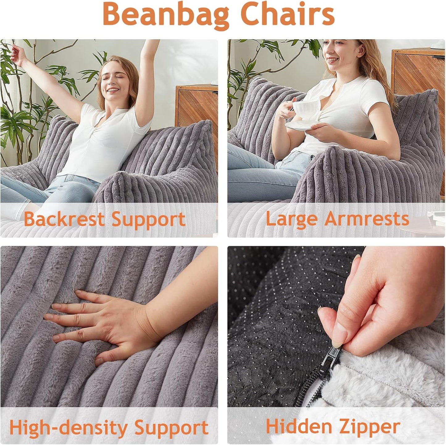 Giant Bean Bag Chairs for Adults with Filling Plush Fluffy Bean Bag Chairs for Teens with Armrests
