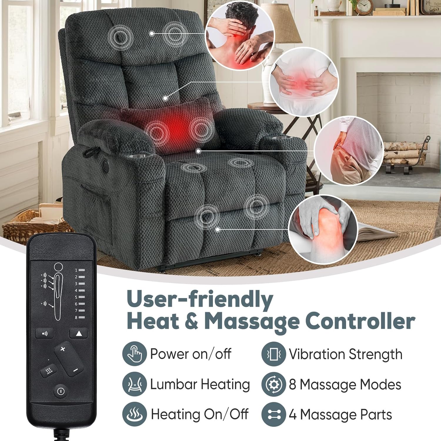 Oversized Dual Motor Lay Flat Power Lift Recliner Chair with Massage, Heating, Lumbar Pillow, USB &