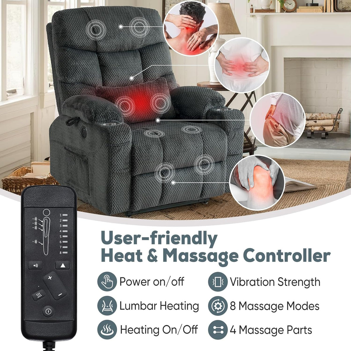 Oversized Dual Motor Lay Flat Power Lift Recliner Chair Set of 2 for Elderly with Massage and Heat