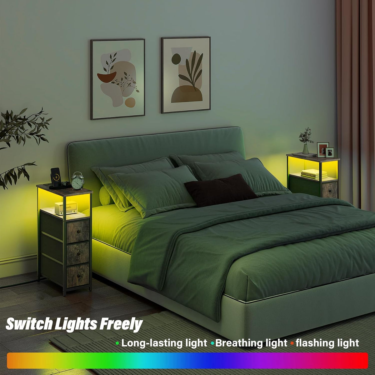 TUTOTAK Narrow LED Night Stand with Charging Station, Slim End Table with Plugins, Tall Side Table