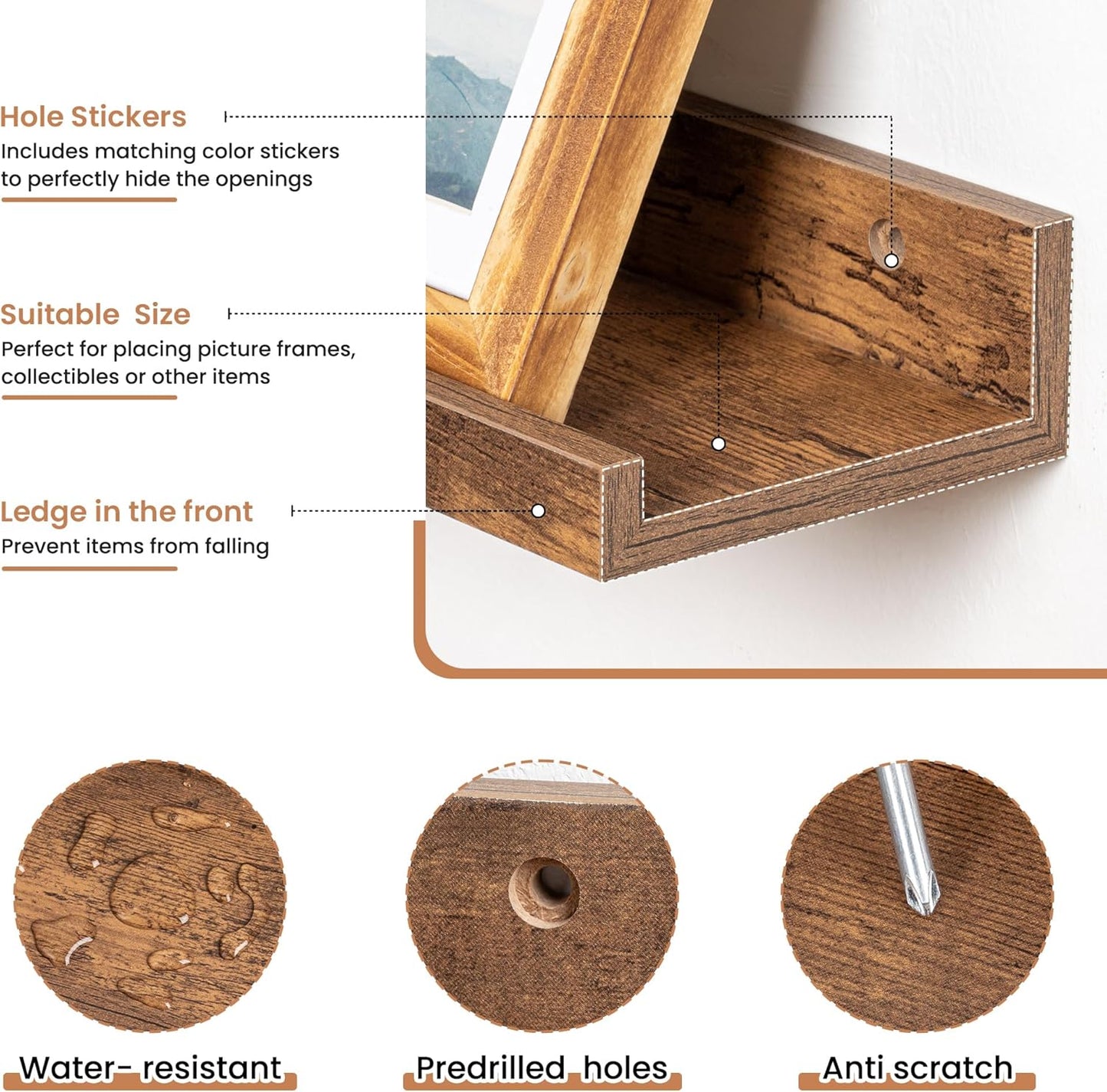 Fun Memories Picture Ledge Shelves Set of 2, 48 Inch Rustic Wall Mounted Floating Shelves with Lip