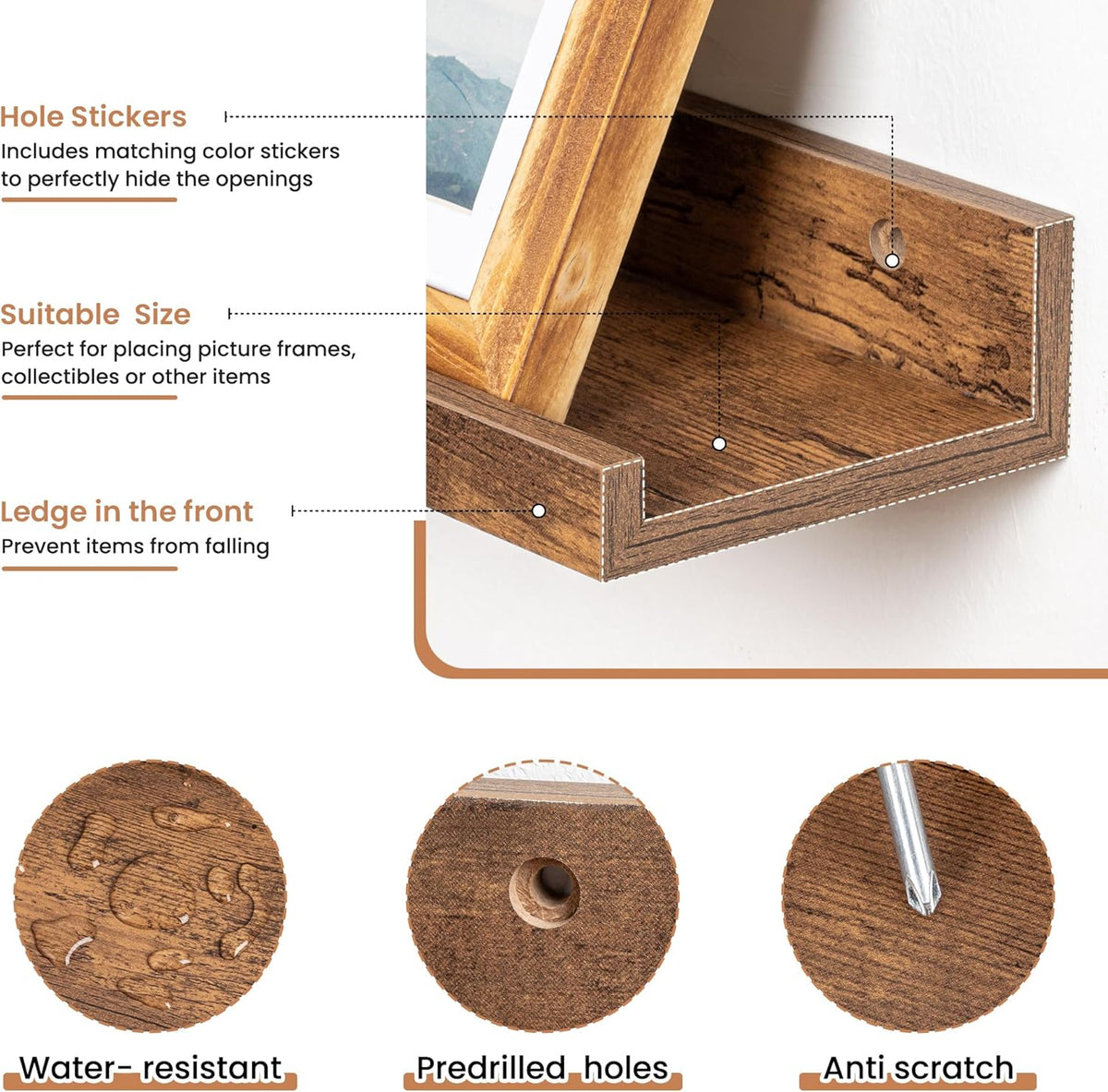 Fun Memories Picture Ledge Shelves Set of 2, 55 Inch Rustic Wall Mounted Floating Shelves with Lip