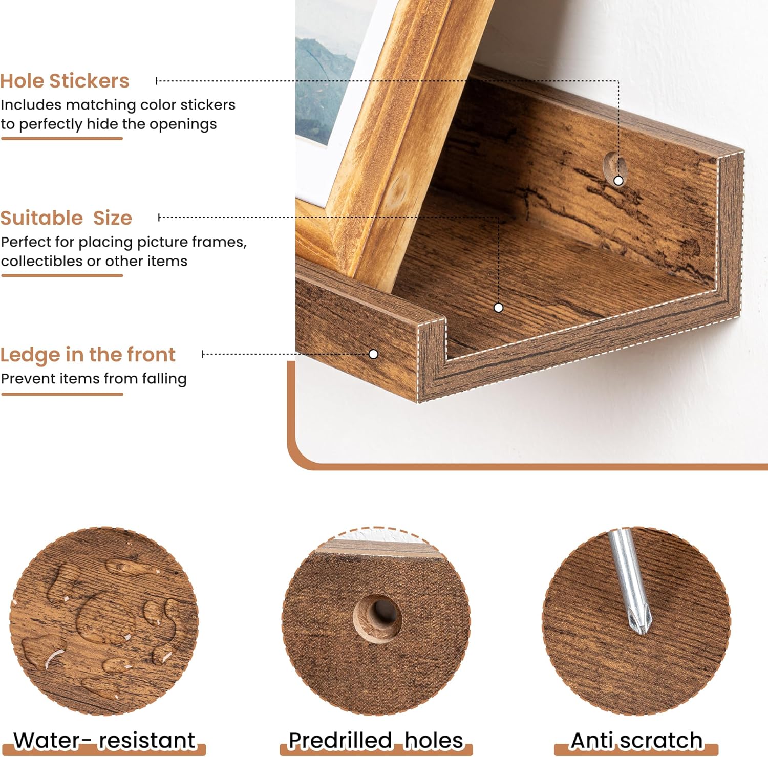 Fun Memories Picture Ledge Shelves Set of 2, 55 Inch Rustic Wall Mounted Floating Shelves with Lip