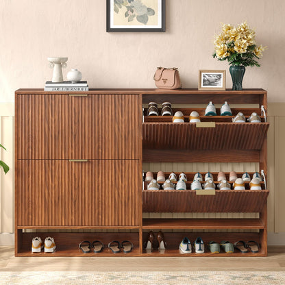 Hootata 47.2''W Walnut Shoe Storage Cabinet for Entryway with 4 Flip Drawers, Fluted Slim Shoe