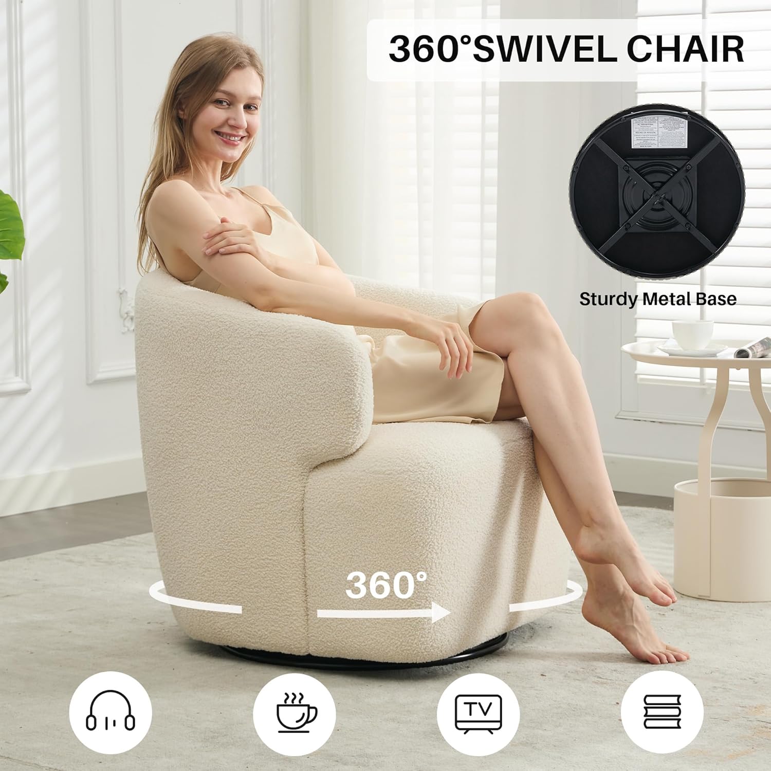 Swivel Accent Chair, Sherpa Teddy Barrel Chair for Living Room, Cozy Round Boucle Arm Chair, Metal