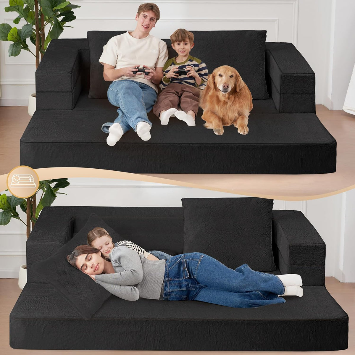Folding Bean Bag Chair for Adults,3-in-1 Bean Bag Couch Faux Fur Floor Sofa Large Beanbag