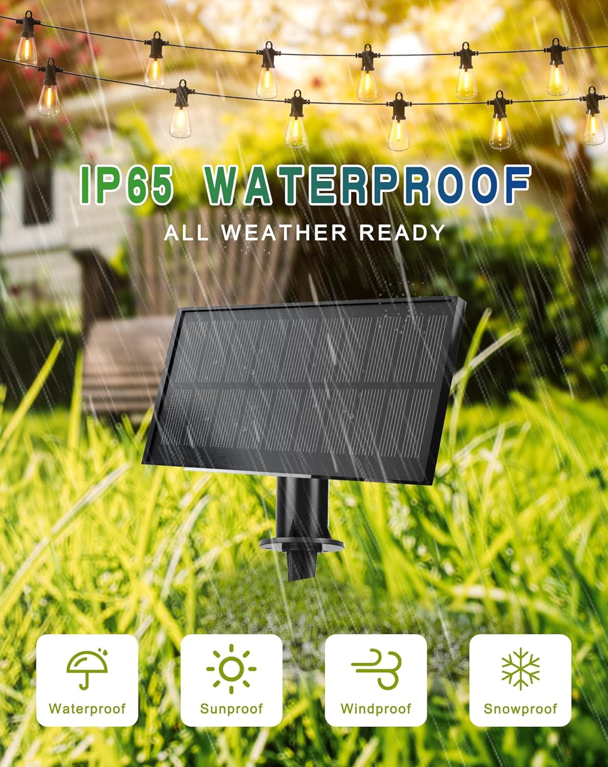 Solar String Lights Outdoor Waterproof 50FT with USB Port and 27 Shatterproof ST38 Bulbs(2 Spare)
