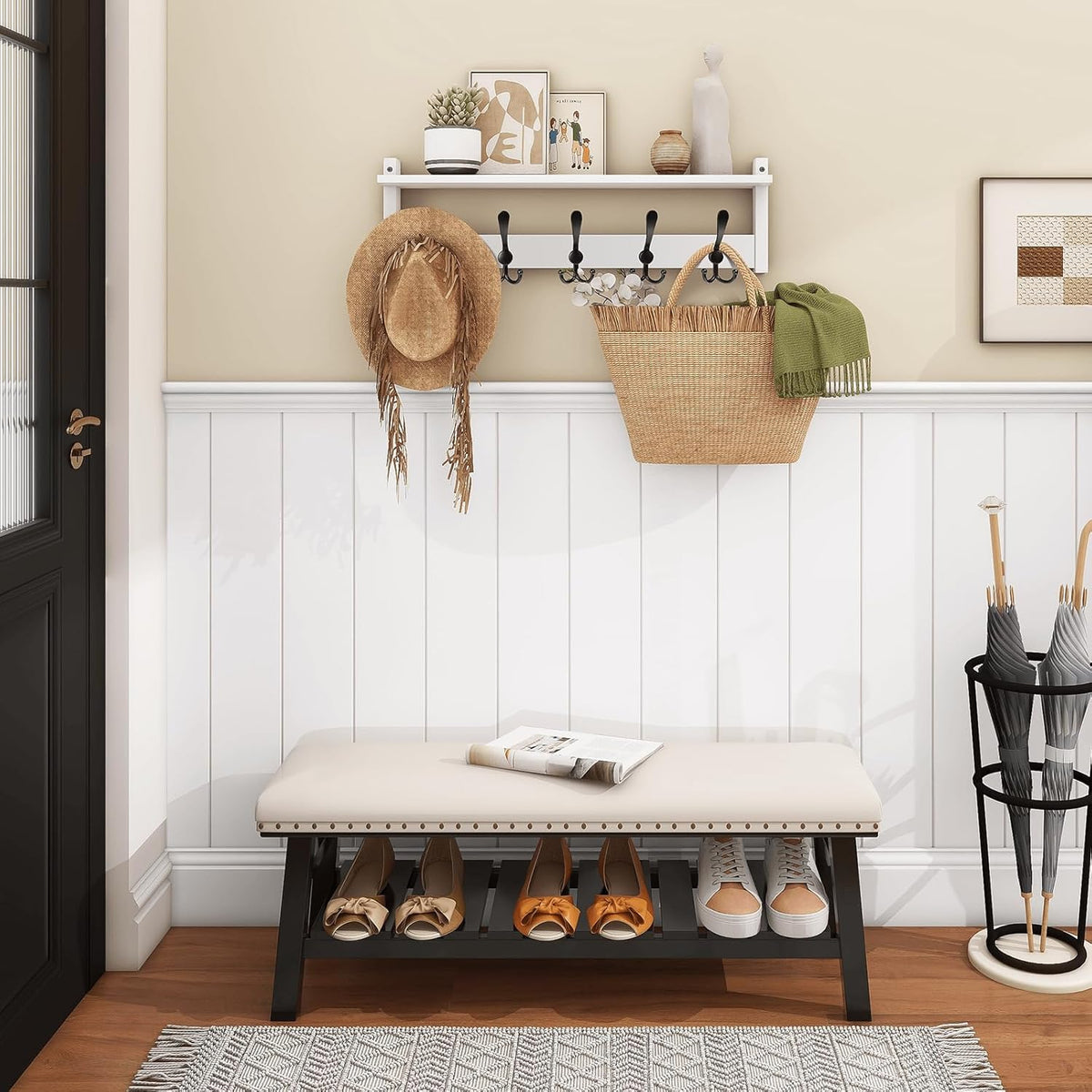 Homode Wall Shelf with Hooks, 24 Inch Coat Rack with Tri Hooks, Farmhouse Entryway Floating Coat