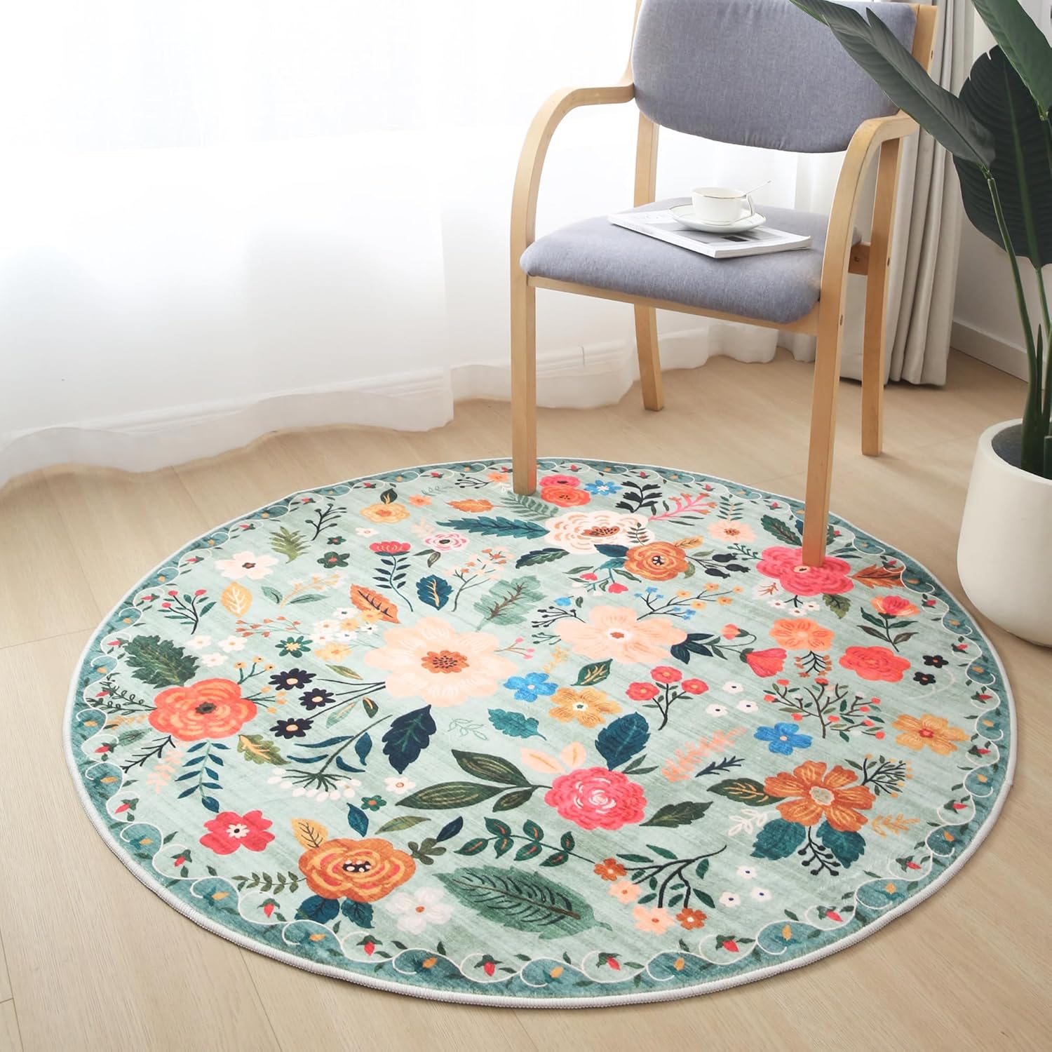 Round Rug 6ft Washable Circle Rug Non Slip Low Pile Boho Floral Small Circular Rug for Bedroom