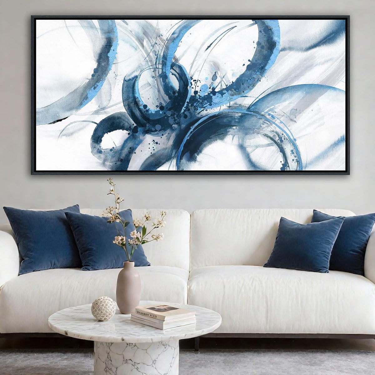 AJAZIKO Blue Canvas Wall Art Abstract Art Wall Decor Wall Art for Living Room Framed Artwork for