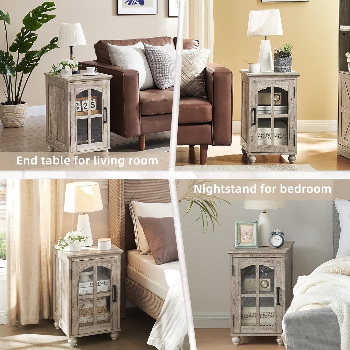 Narrow Side Table,Farmhouse Nightstand with Charging Station,Wood End Table with Glass Barn Door