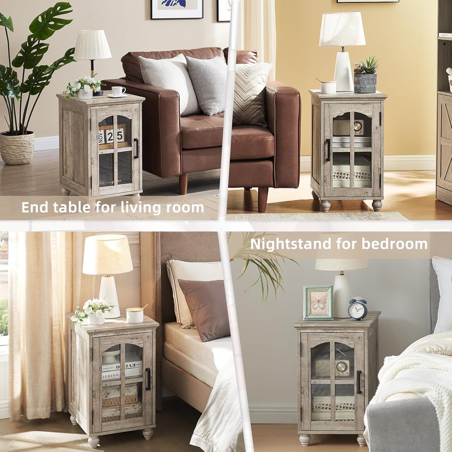 Narrow Side Table,Farmhouse Nightstand with Charging Station,Wood End Table with Glass Barn Door