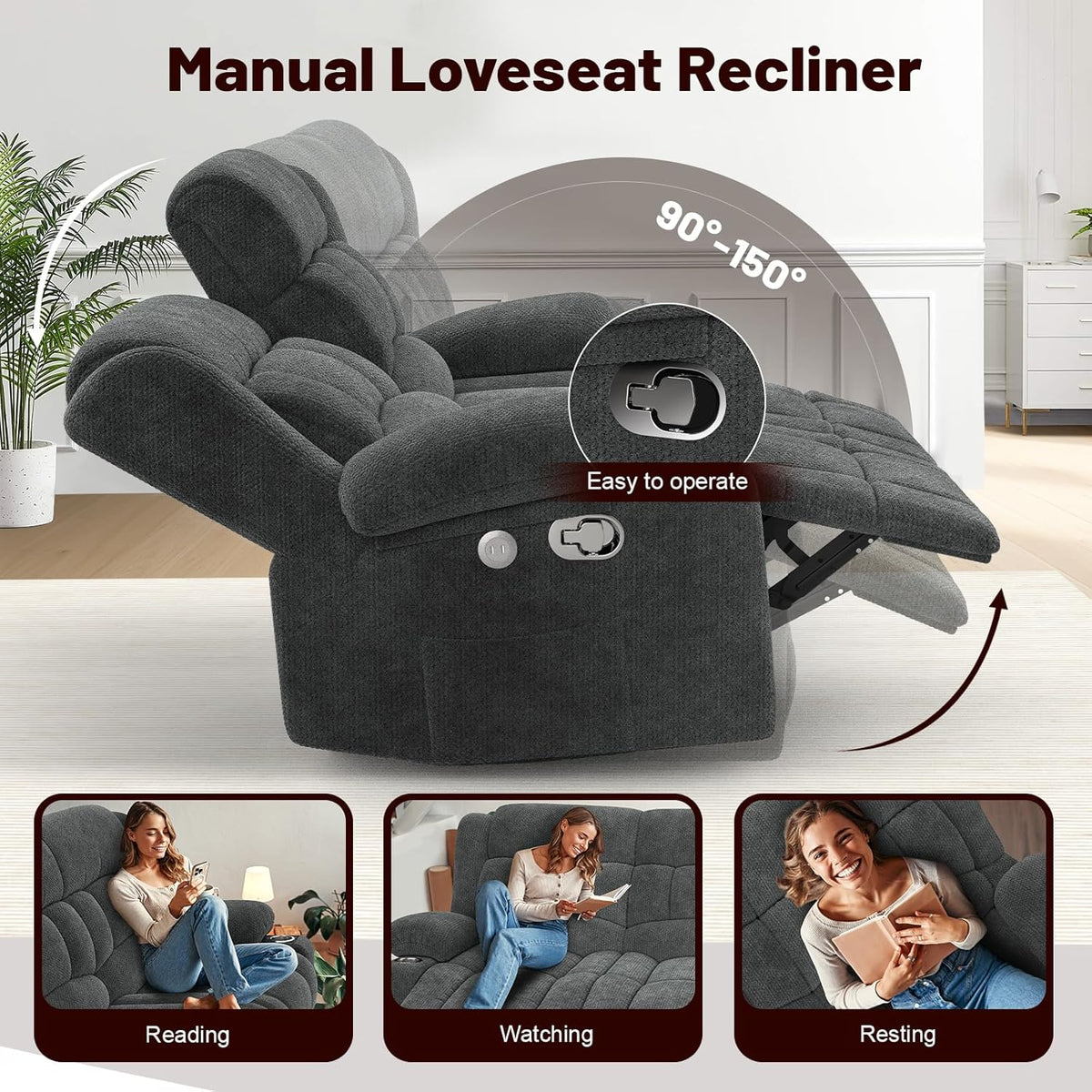 Loveseat Recliner Sofa Set with 2+1 Pieces, 2 Seater Minimalist Style Fabric Manual Pull Tab