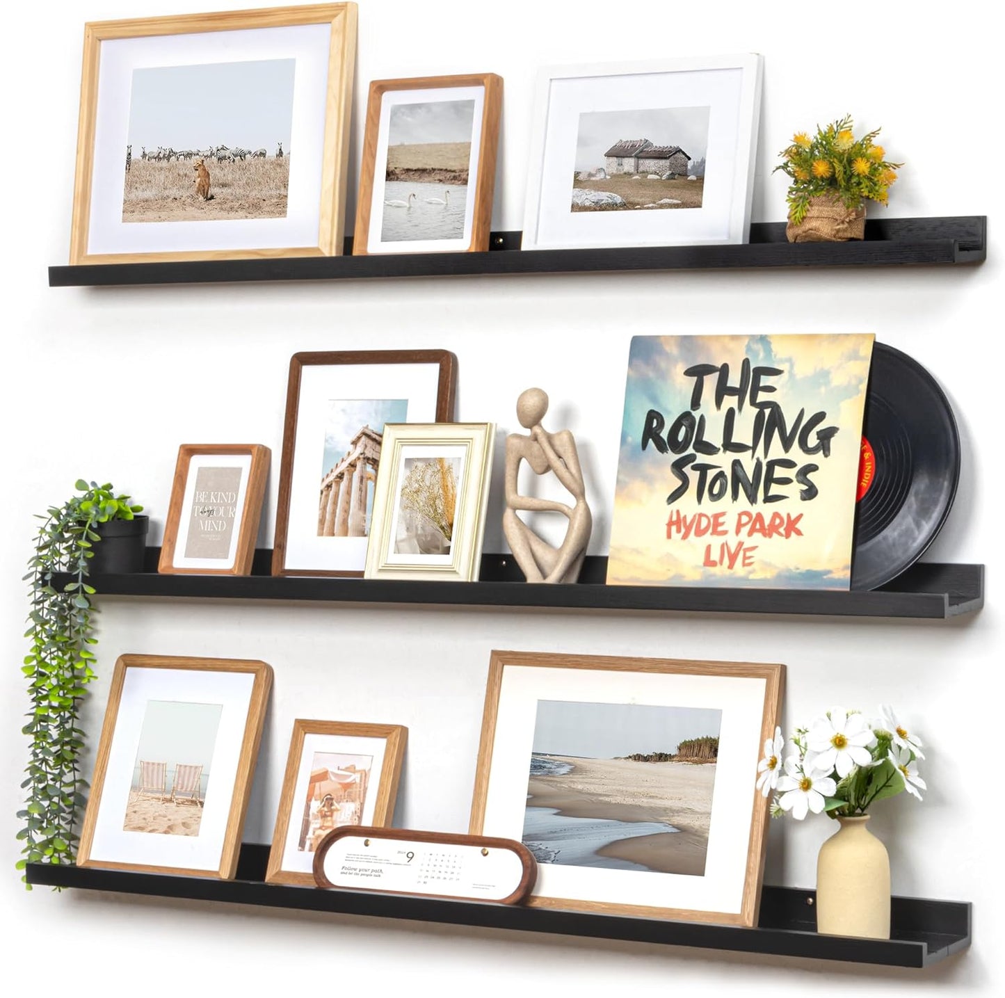Picture Ledge Wall Shelves 48 inches Width Set of 3, Solid Pine Wood Rustic Floating Ledge Shelves