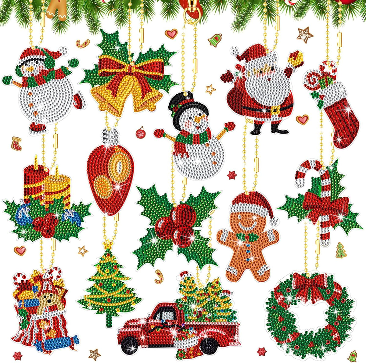 Equsion 14 Pcs Diamond Art Christmas Ornaments Christmas Diamond Painting Keychains Kits 5d DIY