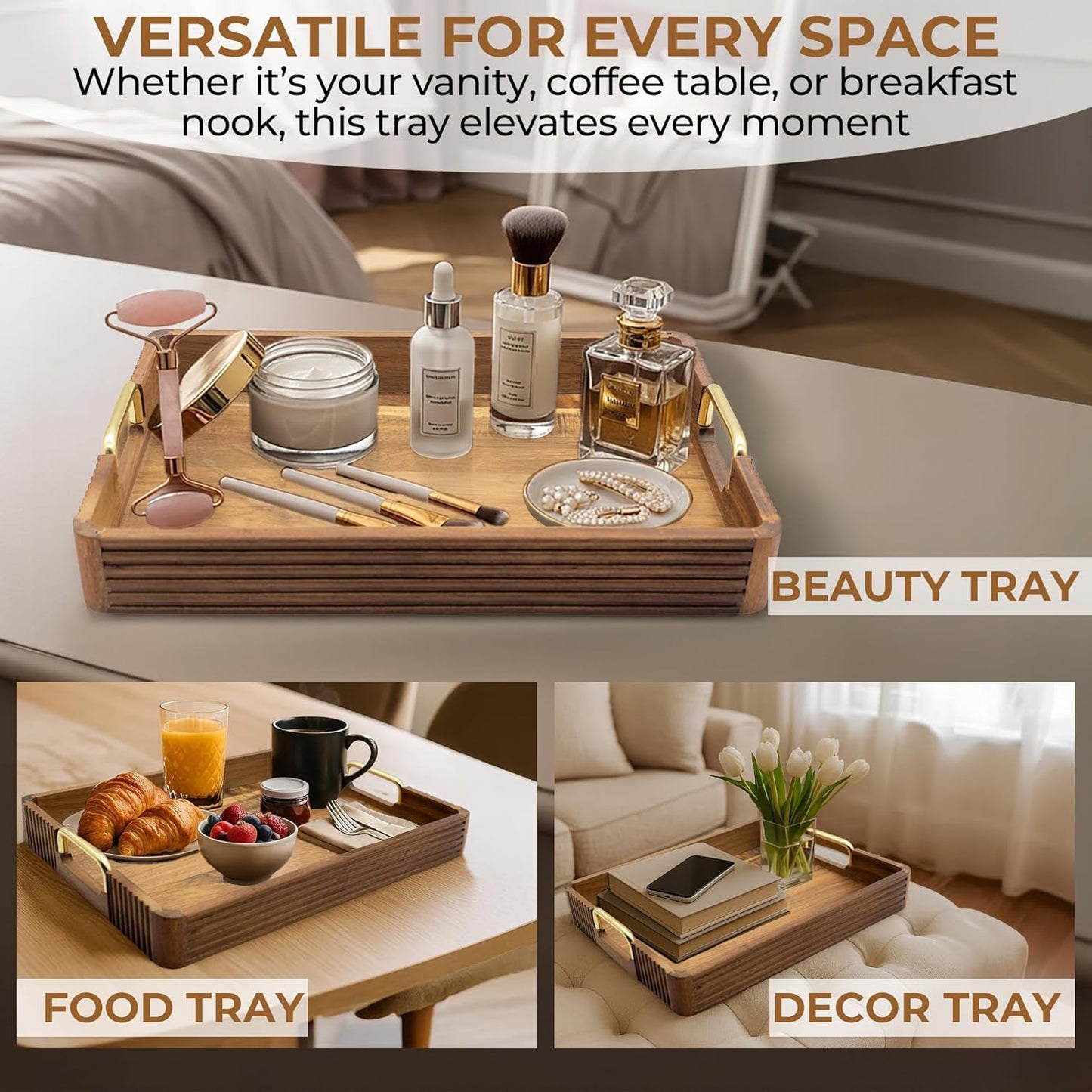 Acacia Wood Serving Tray with Metal Handles  – 17x12in Rustic Decorative Ottoman & Coffee Table