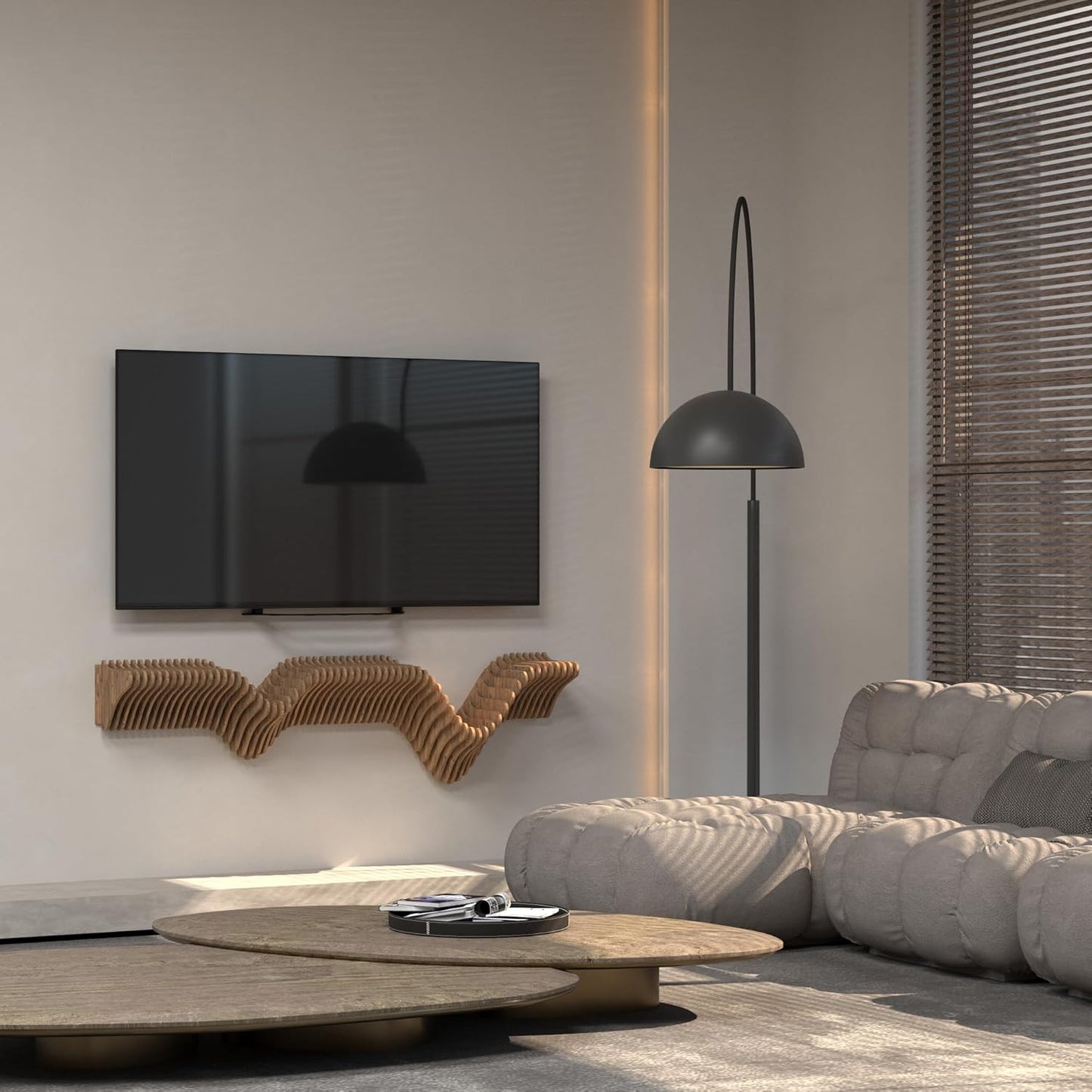 Parametric 40 inch Floating Shelf TV Unit Modern Geometric Wooden Wall Piece Decor Natural Oak