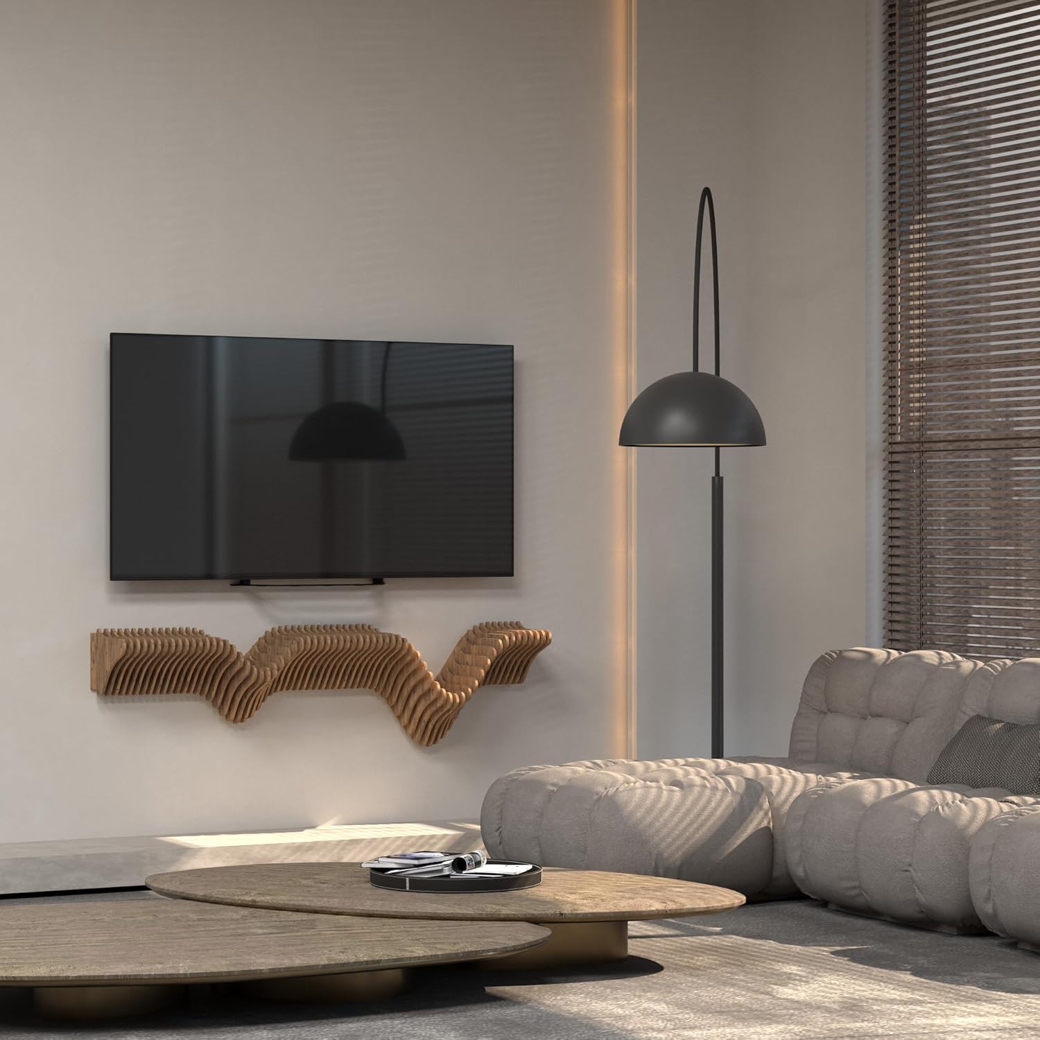 Parametric 40 inch Floating Shelf TV Unit Modern Geometric Wooden Wall Piece Decor Natural Oak