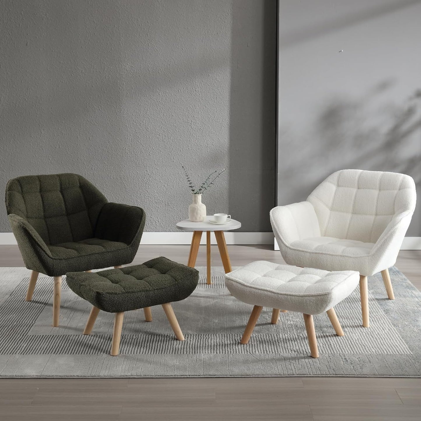 Modern Sherpa Accent Chair with Ottoman Set of 2, Fluffy Upholstered Lounge Chair with Footrest